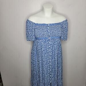 In Loom Dress Size Large Button Front Cottagecore‎ Blue Floral Stretchy Feminine